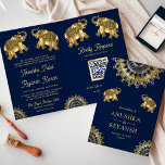 Invitation Blue Gold Ethnic Elephants Indian QR Code Mariage<br><div class="desc">Éblouissez vos invités avec cette élégante invitation tout en un mariage indien plié avec des éléphants magnifiquement décorés contre un arrière - plan bleu foncé avec QR Code pour RSVP en ligne. Ajoutez simplement les détails de votre événement sur ce modèle facile à utiliser pour en faire une invitation unique....</div>