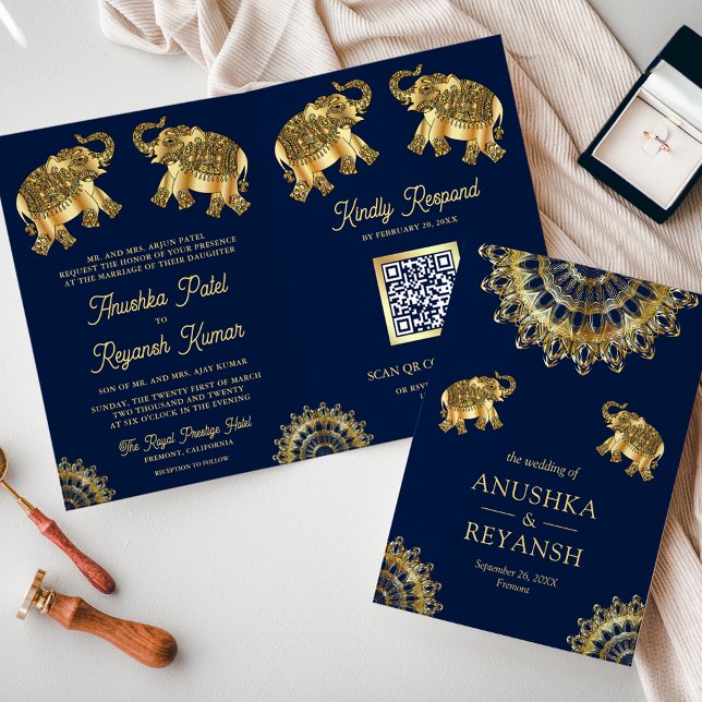 Invitation Blue Gold Ethnic Elephants Indian QR Code Mariage (Créateur téléchargé)