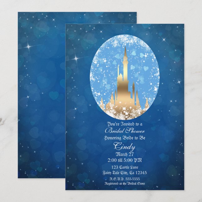 Invitation Blue Gold Fairy Tale Castle Sparkle Fête des marié (Devant / Derrière)