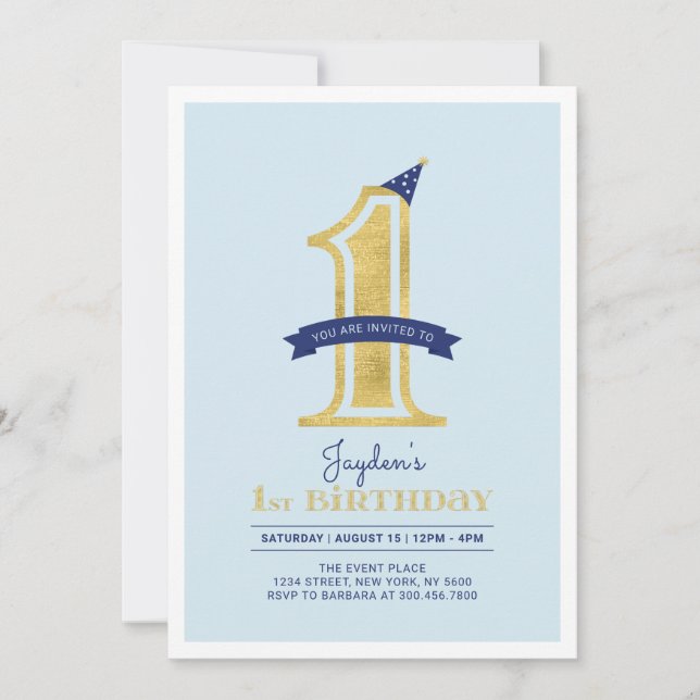 Invitation Blue & Gold | Fête d'anniversaire de 1 an pour gar (Devant)