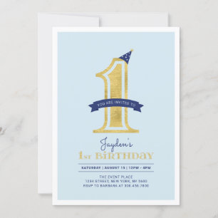 Invitation Blue & Gold   Fête d'anniversaire de 1 an pour gar