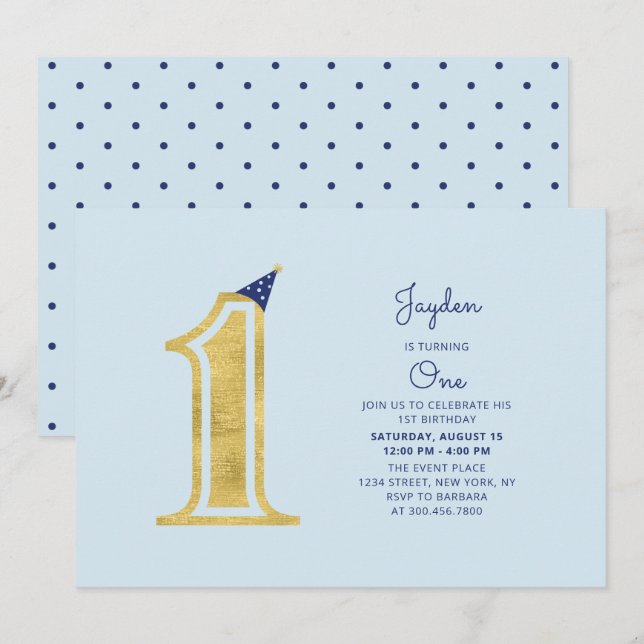 Invitation Blue & Gold | Fête de 1er anniversaire de garçon m (Devant / Derrière)