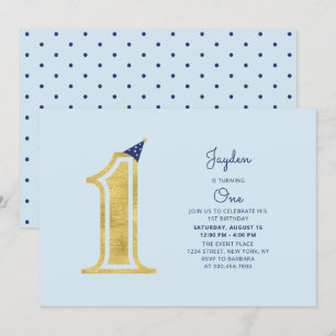 Invitation Blue & Gold   Fête de 1er anniversaire de garçon m