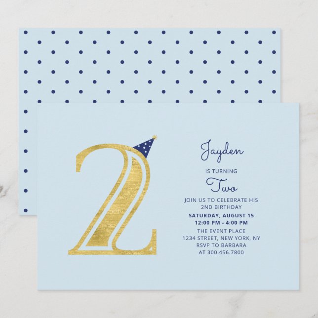 Invitation Blue & Gold | Fête de 2e anniversaire d'un garçon  (Devant / Derrière)