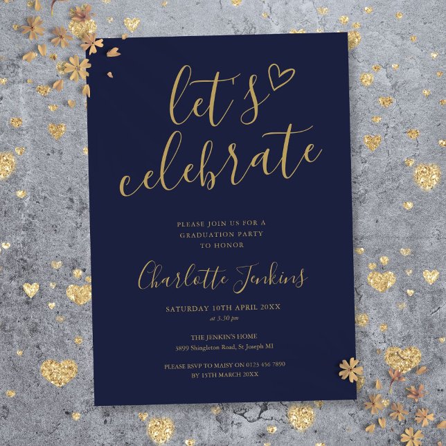 Invitation Blue Gold Fêtons la fête de graduation de script (Blue Gold Let's Celebrate Script Graduation Party Invitation)