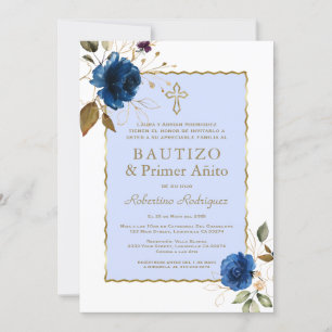 Invitation Blue Gold Floral Espagnol 1er Anniversaire & Baptê