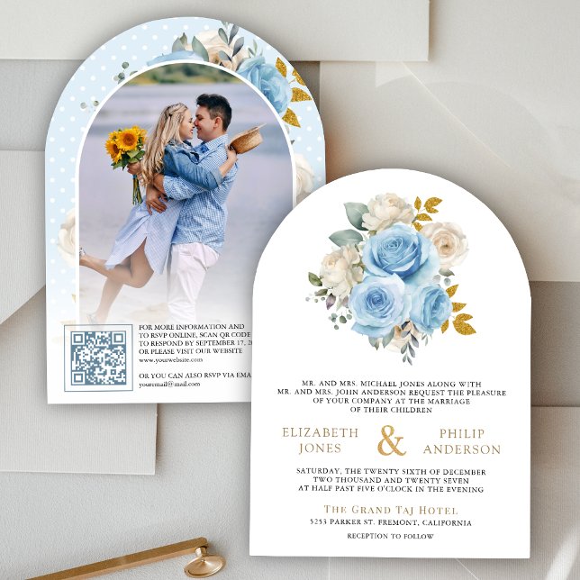 Invitation Blue Gold Floral Roses QR Code Photo Mariage (Créateur téléchargé)