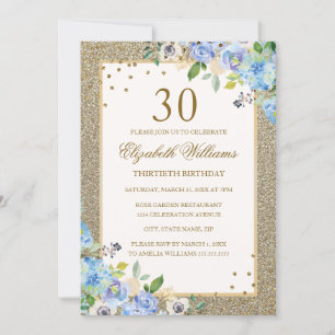 Invitation Blue Gold floral Sparkle 30e anniversaire Invitati