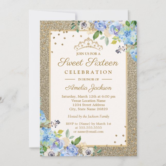 Invitation Blue Gold floral Sparkle pour un Sweet  (Devant)