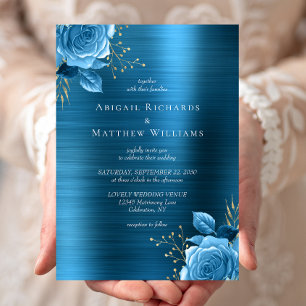 Invitation Blue Gold Floral Turquoise brossé Mariage métalliq