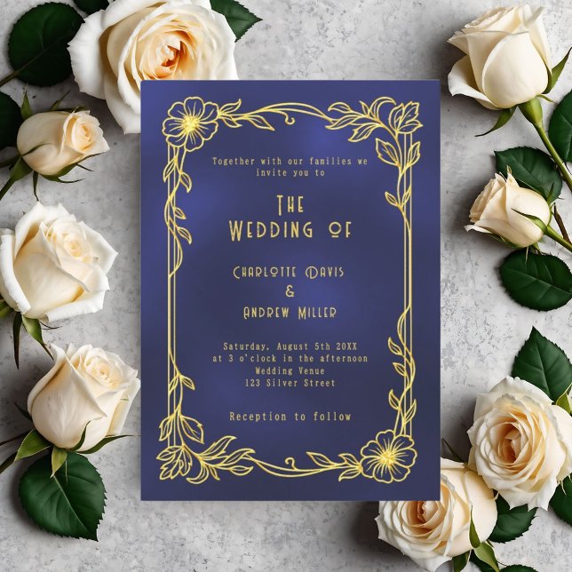 Invitation Blue gold floral vintage wedding (Créateur téléchargé)
