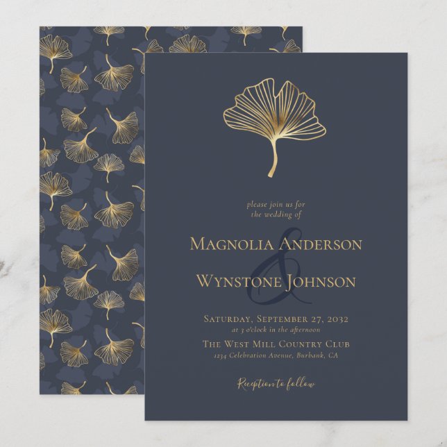 Invitation Blue Gold Foil Elégant Mariage botanique Invitati (Devant / Derrière)