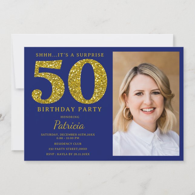 Invitation Blue Gold Glitter 50e Anniversaire Photo  (Devant)