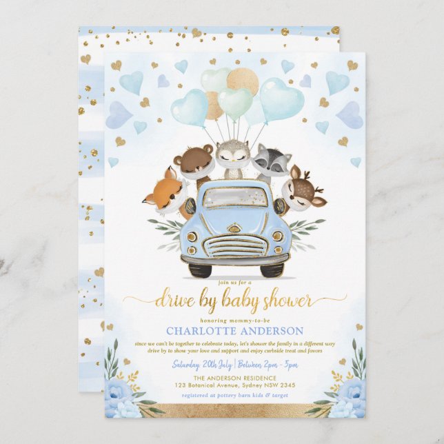 Invitation Blue Gold Green Woodland Drive By Baby shower (Devant / Derrière)