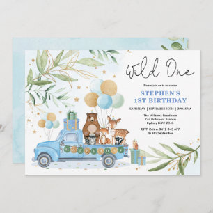 Invitation Blue Gold Greenery Woodland Wild One 1er anniversa