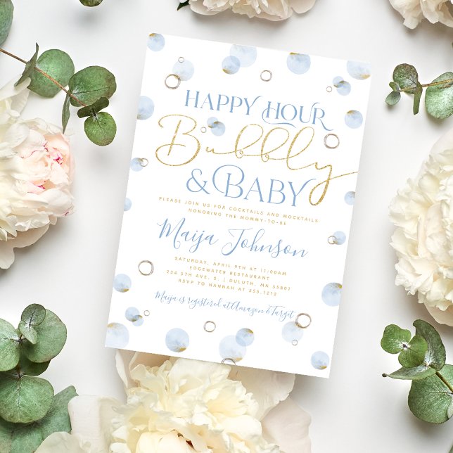 Invitation Blue Gold Happy Hour Bubbly et Baby shower (Créateur téléchargé)