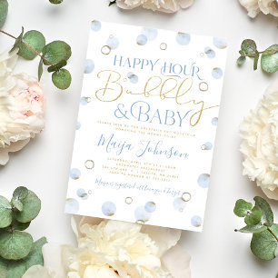 Invitation Blue Gold Happy Hour Bubbly et Baby shower