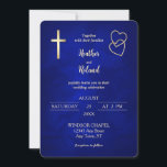 Invitation Blue Gold Hearts Christian Cross Mariage<br><div class="desc">Voici une faire-part de mariage chrétienne moderne qui combine un joli dégradé bleu royal abstrait arrière - plan avec de l'or brillant. En haut à gauche se trouve une simple croix d'or et il y a deux coeurs imbriqués à droite. Votre texte personnalisé est en or clair. L'arrière de l'invitation...</div>