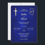 Invitation Blue Gold Hearts Christian Cross Mariage<br><div class="desc">Voici une faire-part de mariage chrétienne moderne qui combine un joli dégradé bleu royal abstrait arrière - plan avec de l'or brillant. En haut à gauche se trouve une simple croix d'or et il y a deux coeurs imbriqués à droite. Votre texte personnalisé est en or clair. L'arrière de l'invitation...</div>