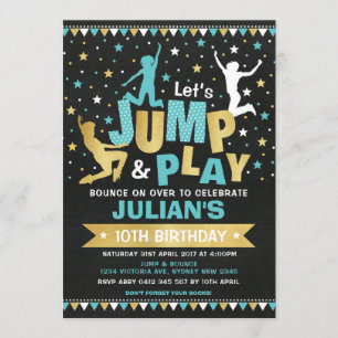 Invitation Blue Gold Jump & Bounce Trampoline Anniversaire