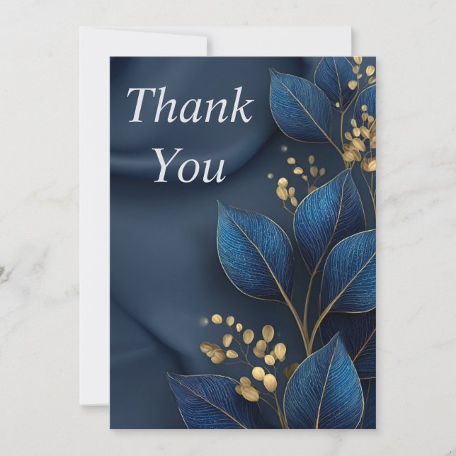 Invitation Blue & Gold Leaves on Navy Blue Thank You Card (Devant)