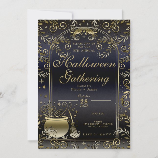 Invitation Blue Gold Magic Whimsical Halloween Party (Devant)