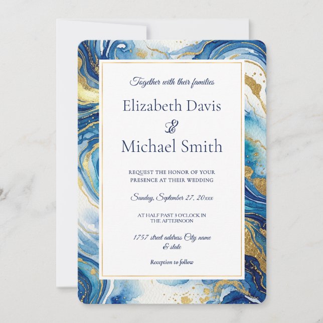 Invitation Blue Gold Marble Elegant Luxury Fluid Art Editable (Devant)