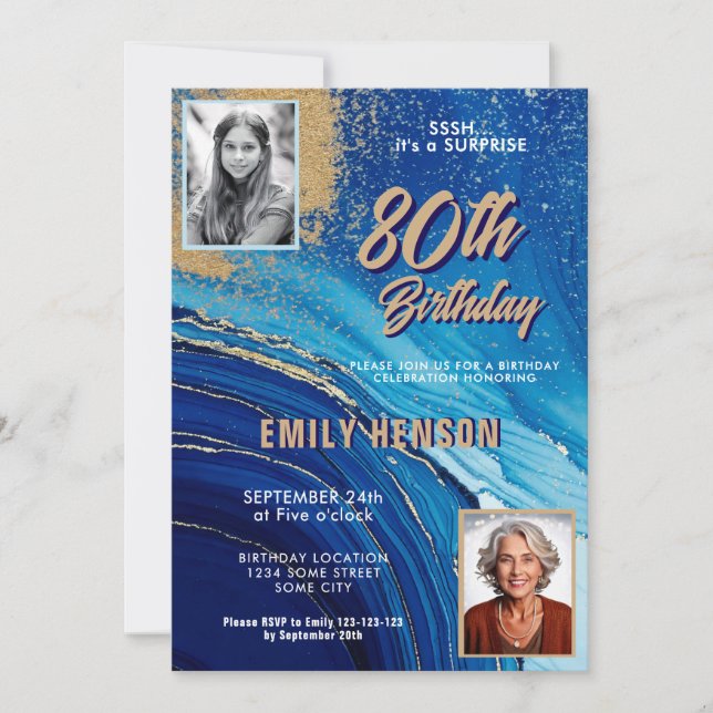 Invitation Blue Gold Marble Glitter 2 Photo 80th Birthday (Devant)