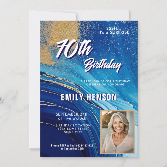 Invitation Blue Gold Marble Glitter Photo 70th Birthday (Devant)