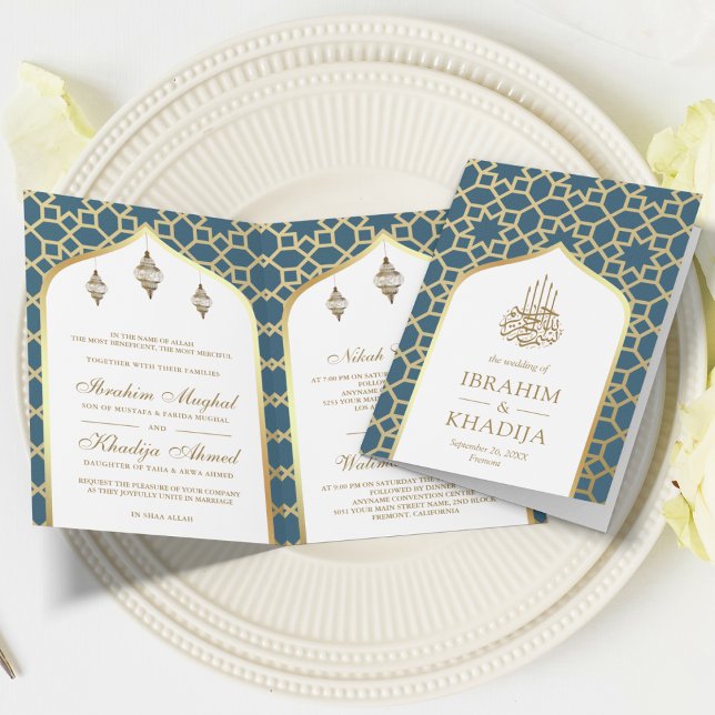 Invitation Blue Gold Motif islamique QR Code Mariage musulman (Créateur téléchargé)