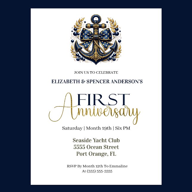 Invitation Blue Gold Nautical Anchor 1st Wedding Anniversary (Navy blue and gold nautical anchor 1st wedding anniversary invitation with elegant coastal theme
)