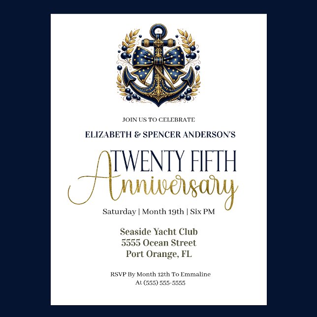 Invitation Blue Gold Nautical Anchor 25th Wedding Anniversary (Navy blue and gold nautical anchor 25th wedding anniversary invitation with elegant coastal theme
)