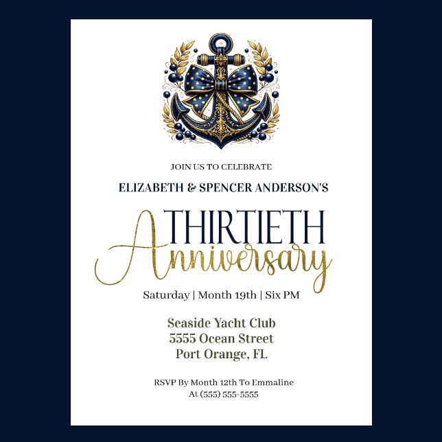 Invitation Blue Gold Nautical Anchor 30th Wedding Anniversary (Navy blue and gold nautical anchor 30th wedding anniversary invitation with elegant coastal theme
)
