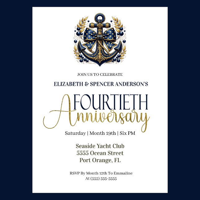 Invitation Blue Gold Nautical Anchor 40th Wedding Anniversary (Navy and gold nautical anchor 40th wedding invitation for girl seaside yacht club theme)