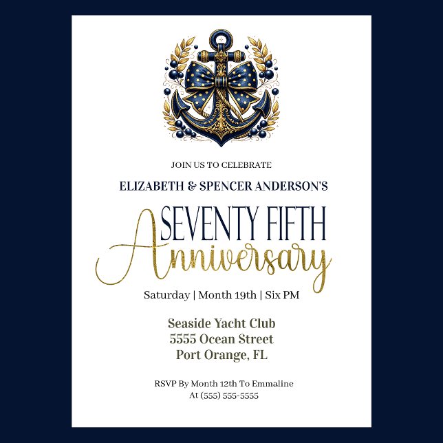 Invitation Blue Gold Nautical Anchor 75th Wedding Anniversary (Navy and gold nautical anchor 75th wedding invitation for girl seaside yacht club theme
)