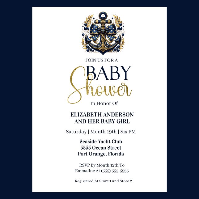 Invitation Blue Gold Nautical Anchor Boy Baby Shower (Navy and gold nautical anchor baby shower invitation for girl seaside yacht club theme
)