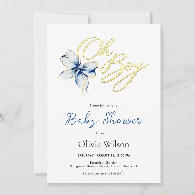 Invitation Blue & Gold “Oh Boy” Floral Typography Baby Shower (Devant)