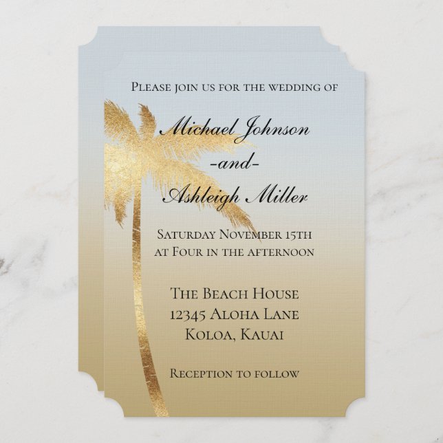 Invitation Blue Gold Palm Tree Ombre Mariage (Devant / Derrière)