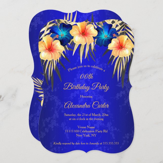 Invitation Blue Gold Palms Hibiscus Damask fête d'anniversair (Devant / Derrière)