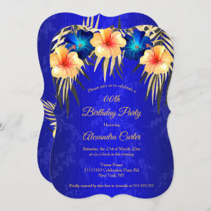 Invitation Blue Gold Palms Hibiscus Damask fête d'anniversair