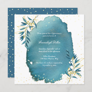 Invitation Blue Gold Parties scintillant Botanique Quinceaner