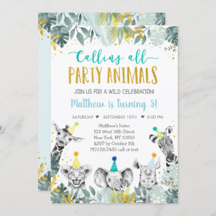 Invitation Blue Gold Party Animal Safari Anniversaire