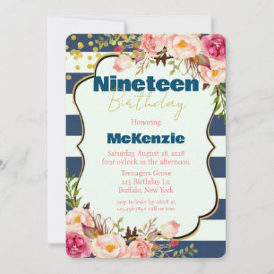 Invitation Blue Gold Pink Peony Girl 19th Birthday Party