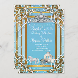 Invitation Blue Gold Princess Crown & Carriage Sweet 16 Party