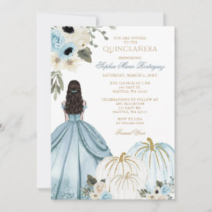 Invitation Blue Gold Pumpkin Princess Floral Quinceañera