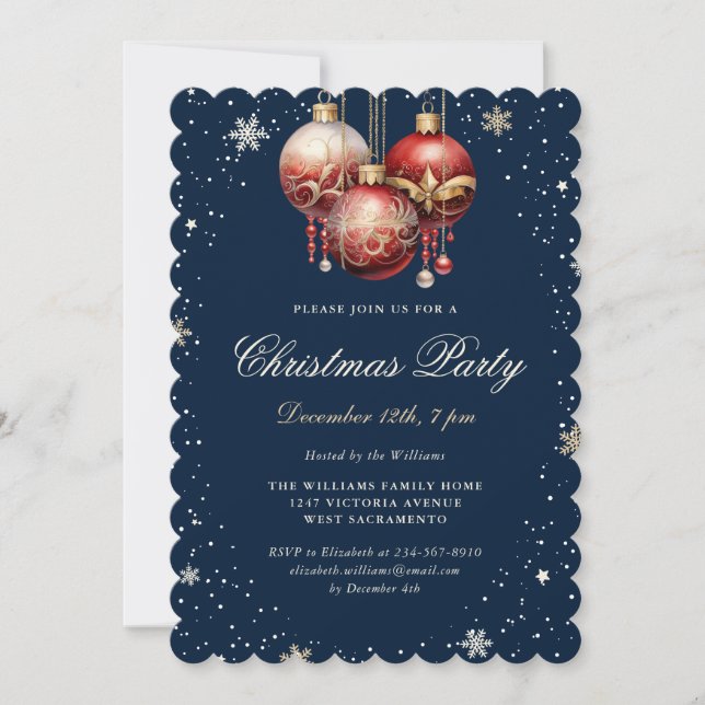 Invitation Blue Gold Red Ornaments Christmas Party (Devant)