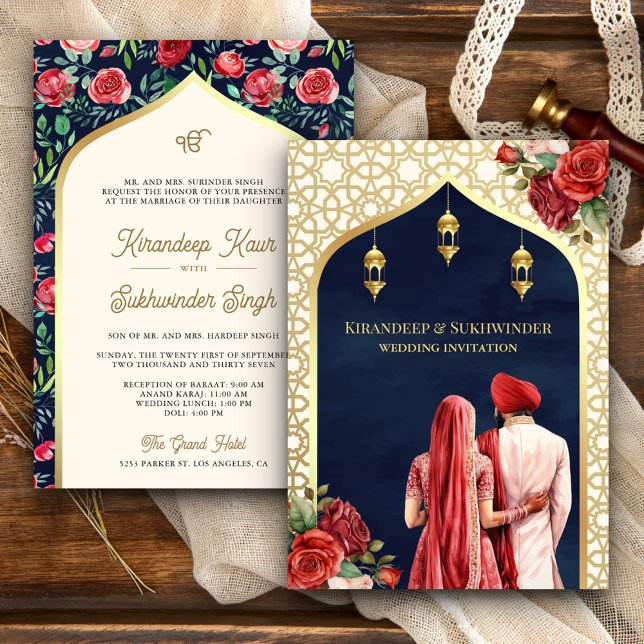 Invitation Blue Gold Rose Floral Anand Karaj Sikh Mariage (Créateur téléchargé)