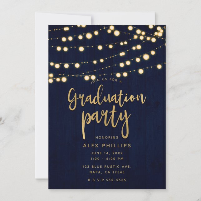 Invitation Blue Gold Rustic Wood & Lights Graduation Party (Devant)