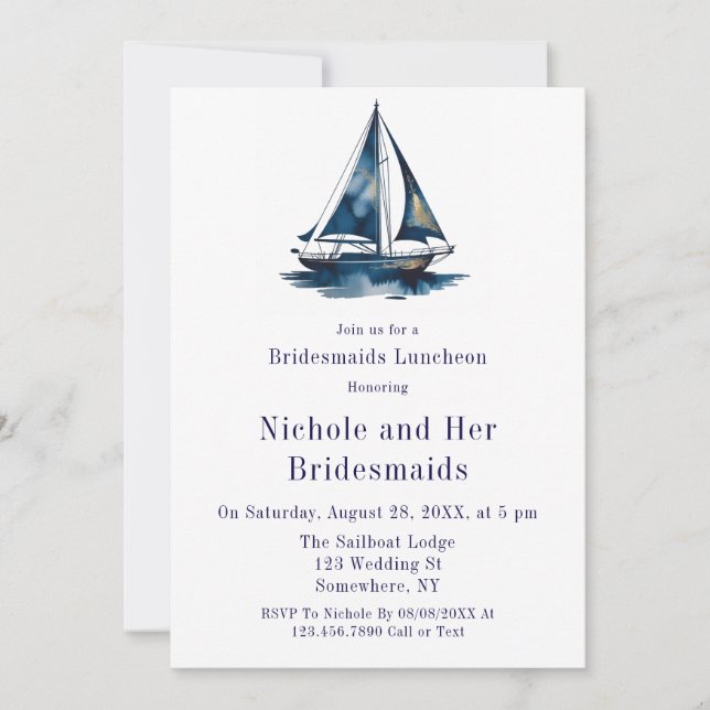 Invitation Blue & Gold Sailboat Nautical Bridesmaids Luncheon (Devant)