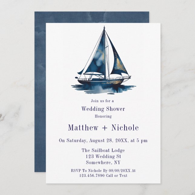Invitation Blue & Gold Sailboat Nautical Wedding Shower (Devant / Derrière)